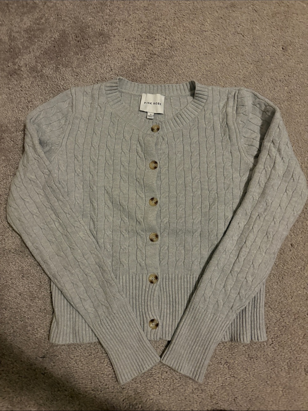 Pink Rose Light Gray Cable Knit Button-Up Cardigan